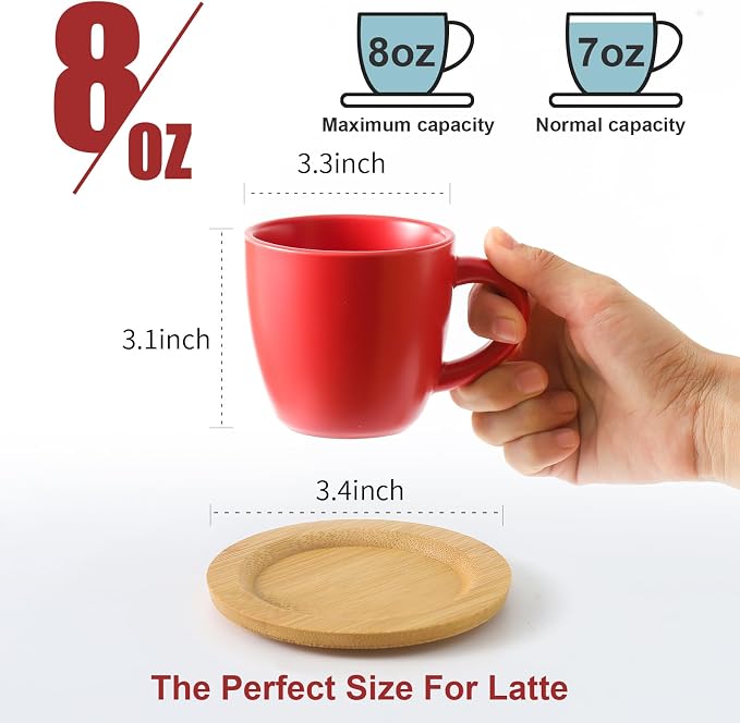 HASENSE Cappuccino Cups with Bamboo Saucers Set of 6, 8 OZ Ceramic Espresso - Image 3