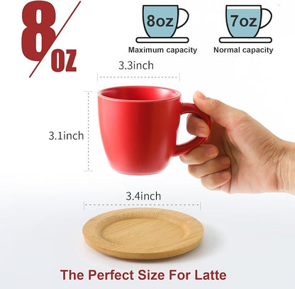 HASENSE Cappuccino Cups with Bamboo Saucers Set of 6, 8 OZ Ceramic Espresso - Image 3