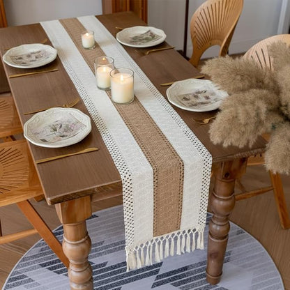 Boho Table Runner with Tassels, Farmhouse Rustic Macrame Table Runners - Image 3