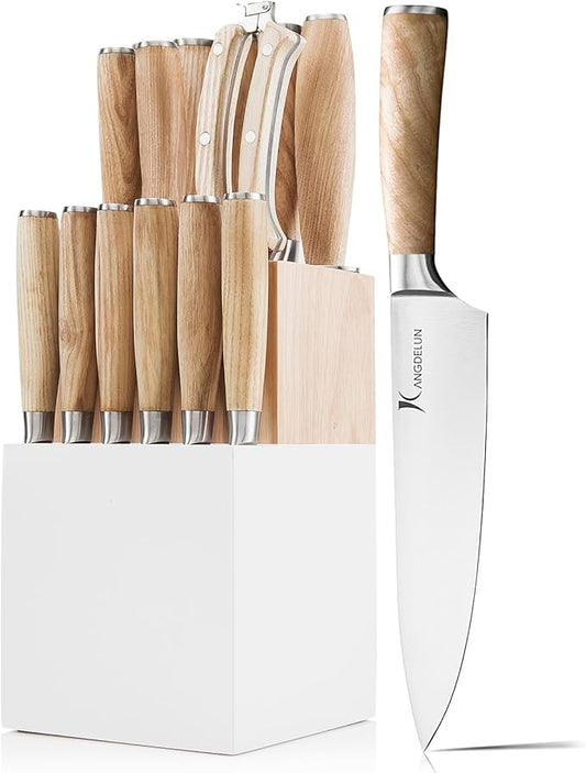Natura Series 15 PCS Knife Block Set, Ultra Sharp High Carbon Stainless Steel with Wooden Handle