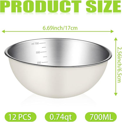12 Pcs 0.74qt Stainless Steel Mixing Bowls Nesting Metal Prep Salad Bowls with Scale Reusable Baking Cooking Food Soup Storage Organizers for Kitchen Refrigerator