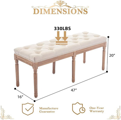 Bonzy Home 47” Bedroom Bench,French Vintage Tufted Entryway Benches Upholstered Dining Benches with Cushion,Linen Fabric End of Bed Bench for Bedroom Living Room Entryway,Beige