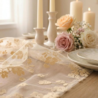 Artoid Mode Beige Gauze Flocking Flowers Table Runner 10FT, Seasonal Sheer - Image 6