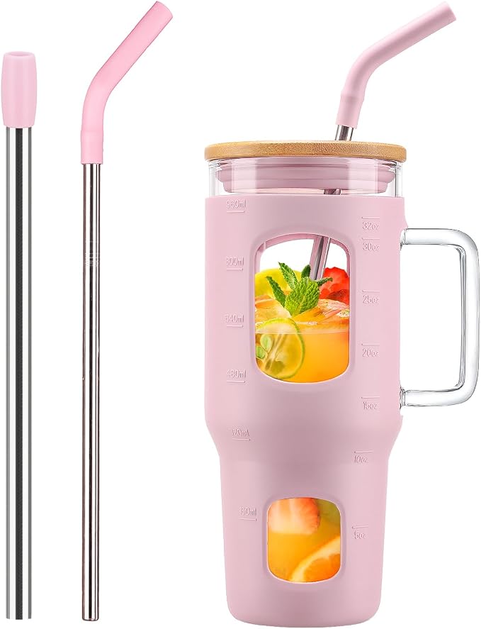 WINSA Glass Tumbler with Straw and Lid, 32 oz Glass Cup with Handle, Glass by WINSA