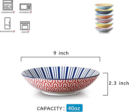 Selamica Porcelain 40oz Large Bowls 9 inch Big Pasta Salad Bowls, Microwave and Oven Safe, Colorful, Set of 6