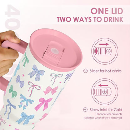 SANDJEST Bow 40oz Tumbler With Handle and Straw, Insulated Stainless Steel - Image 4