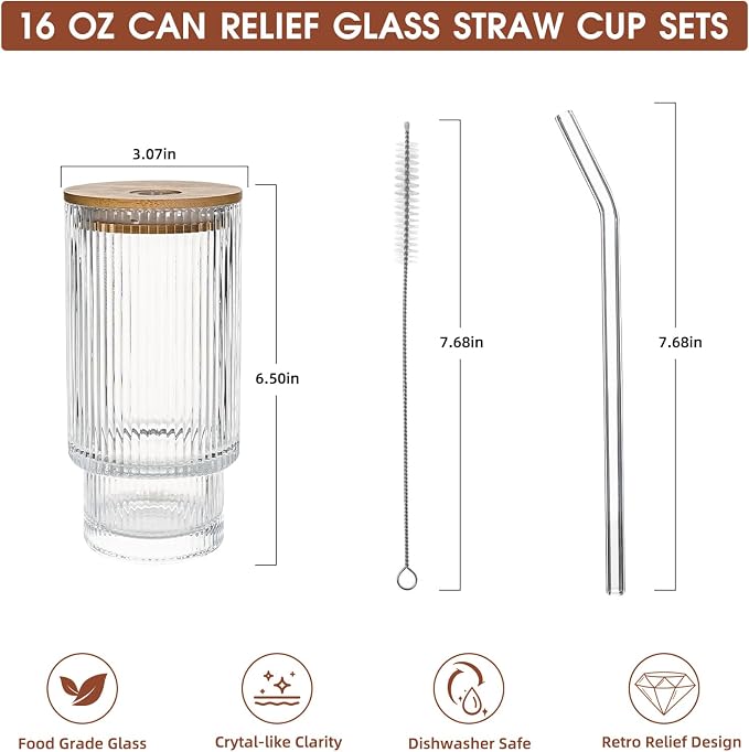 Drinking Glasses with Bamboo Lids and Glass Straw 4pcs Set, 16oz Glass Tumbler - Image 3
