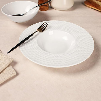 Creative home decor ceramic wide-rimmed soup bowls/plates, 10.5 oz pasta bowl four-piece set, white embossed bowls and plates with rims, ideal for upscale restaurants, hotels and gourmets, 11 inches.