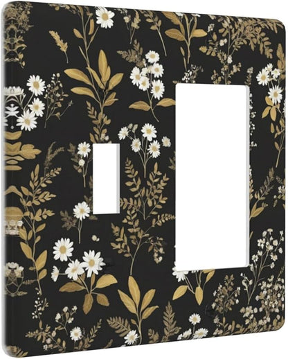 Light Switch Cover Black/Gold Boho Botanical Floral Rustic Flowers 2 Gang Toggle Rocker Combo Socket Cover Wall Plates Decorative Switch Plates and Outlet Covers for Bathroom Kitchen Decor