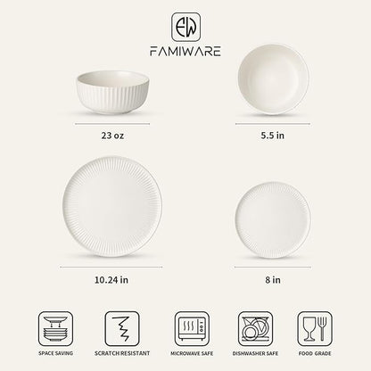 Famiware Starlight Plates and Bowls Dishes Set of 8 (24 Pieces), Ribbed Textured Stoneware Dinnerware Sets- Dishwasher & Microwave Safe, Chip Resistant, Matte Reactive White