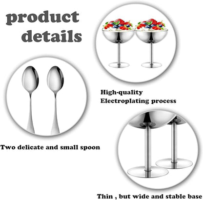 Ice Cream Bowls Stainless Steel Dessert Cups with Spoons Reusable Footed Sundae Cups Ice Cream Cups for Dessert, Frozen Yogurt, Gelato, Birthday Party Decorations (2, Silver)