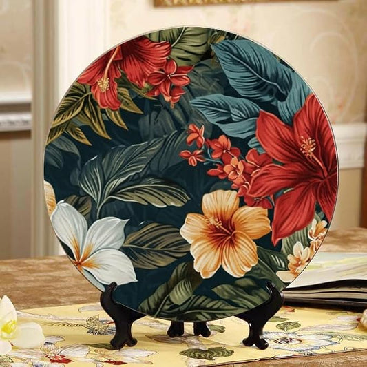 10 Inch Textile Tropical Nature Decorative Ceramic Plates with Display Stand Ideal for Household Wall Hanging and Decor DP-797099166