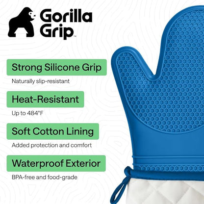 GORILLA GRIP BPA-Free Soft Silicone Oven Mitts, 14.5x8.3, Heat Resistant and Waterproof Cooking Gloves, Thick Cotton Lining, Flexible Gripping for Baking Grilling, Kitchen Potholders Set of 2, Aqua