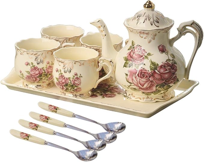 YOLIFE Porcelain Tea Set, Ivory Vintage Pink Rose Teaset | 4 Teacups, 1 Teapot - Image 7