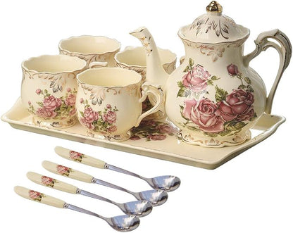 YOLIFE Porcelain Tea Set, Ivory Vintage Pink Rose Teaset | 4 Teacups, 1 Teapot - Image 7