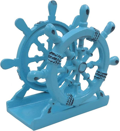 THDC Nautical Napkin Holder, Lunch, Dinner, Nautical Collection Napkin Holder, Made of Metal (Wheel Distressed Blue)