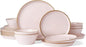 Famiware Saturn Plates and Bowls Dish Sets for 6 (18 Pieces), Stoneware Dinnerware Set with Hand-Painted Trim - Chip & Scratch Resistant, Microwave & Dishwasher Safe Ceramic Dishes, Light Pink