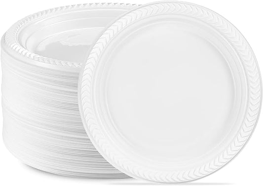 PLASTICPRO 400 PCS White Plastic Round 7 Inch Plates - Premium Quality Light Weight Disposable Dinner Plates for Parties & Weddings
