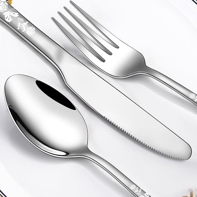 Skull Pattern Silverware Set for 8, OIULO 40-Piece Pirate Pirate Rose Flatware - Image 3
