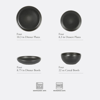 Gibson Elite Beckett Stoneware Matte Reactive Glaze 16 Piece (Service for 4) Plates and Bowls Dinnerware Set - Black