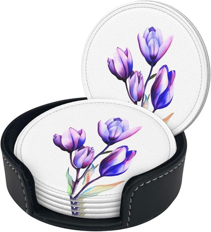 Purple Flower Tulip Leather Coasters Set of 6 - Image 6