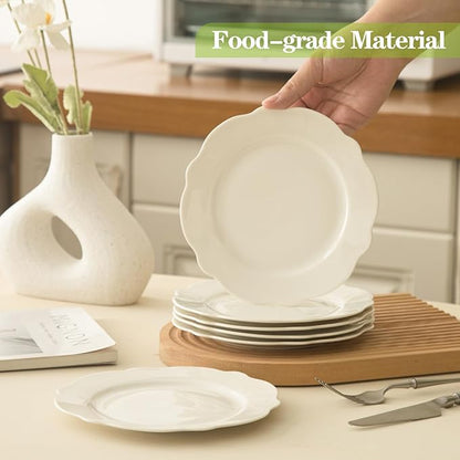 TAMAYKIM 7.5 Inch Porcelain Dessert Plates, Set of 12 - White Lotus Shape with Wavy Rim - Stackable Salad, Bread, Appetizer Serving Dishes, Scratch Resistant, Microwave Oven & Dishwasher Safe
