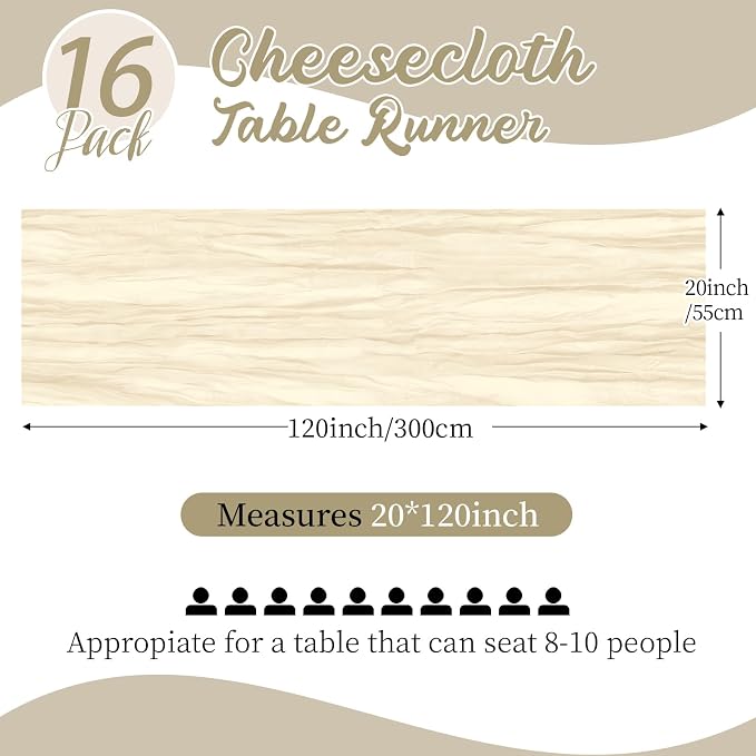 16 Pack Ivory Cheesecloth Table Runners 20x120 Inch Gauze Table Runner 10FT - Image 2