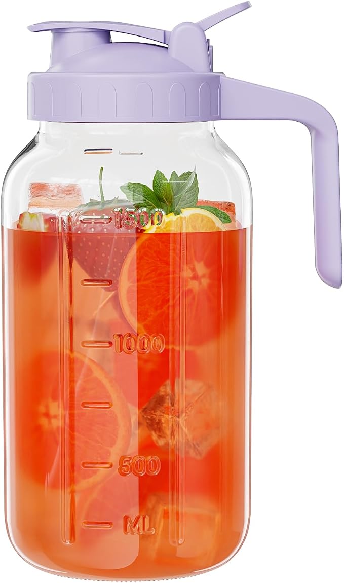 Glass Pitcher with lid, 64 oz Wide Mouth Mason Jar | Dual leak-proof lid by Junvpic