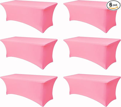 Spandex Table Cloths for 8 Foot Rectangle Tables-6 Pack Fitted Stretch Pink Table Covers-Elastic Folding Tablecloths for Party, Vendor Booth Display, Banquet Buffet Event, Craft Trade Show