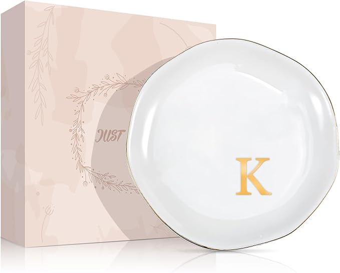 ProCase Ceramic Jewelry Tray, Initial Ring Dish Trinket Plate Engagement Gift, Small Personalized Monogram Ring Bowl for Wedding, White Decorative Jewelry Holder for Women Vanity -Letter K