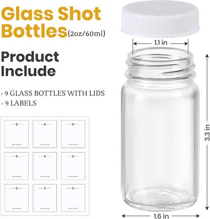 9 Pack 2 oz Glass Shot Bottles w/ White Lids & 9 Labels - Image 2