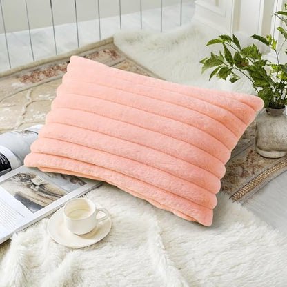 decorUhome Cozy Faux Fur Throw Pillow Covers 12x20 Set of 2 Decorative Plush Striped Lumbar Modern Farmhouse Boho Couch Pillow Cases with Velvet Back for Sofa Bed Living Room Valentines, Blush Pink