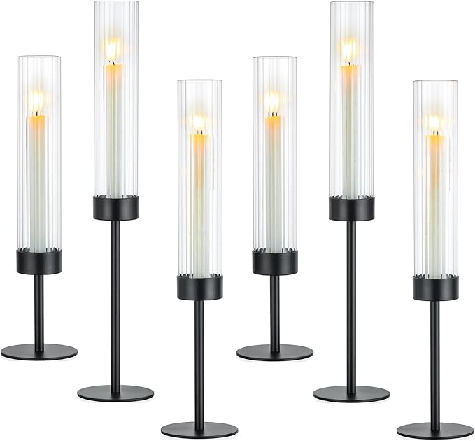 Hewory Black Taper Candle Holders: Candlestick Holders Set of 6 Hurricane Glass Tall Candle Holder for Candlesticks Candle Sticks Holder Decor for Table Centerpiece Wedding Party Christmas Decorations