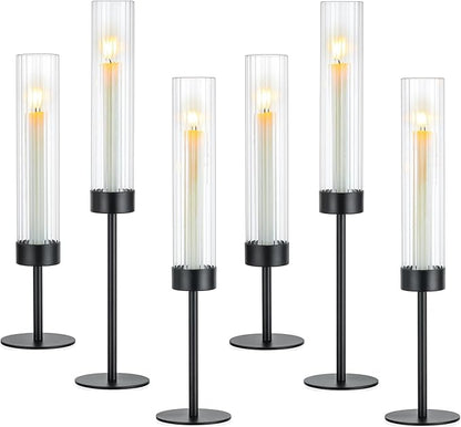 Hewory Black Taper Candle Holders: Candlestick Holders Set of 6 Hurricane Glass Tall Candle Holder for Candlesticks Candle Sticks Holder Decor for Table Centerpiece Wedding Party Christmas Decorations