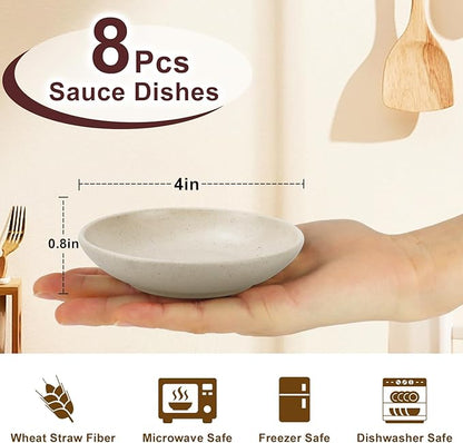 4 Inch Wheat Straw Plates 8 Pieces, Lightweight and Unbreakable Dipping Bowls, Small Soy Sauce Dishes, Small Serving Bowls for Side Dishes, Condiment, Appetizer (Beige)