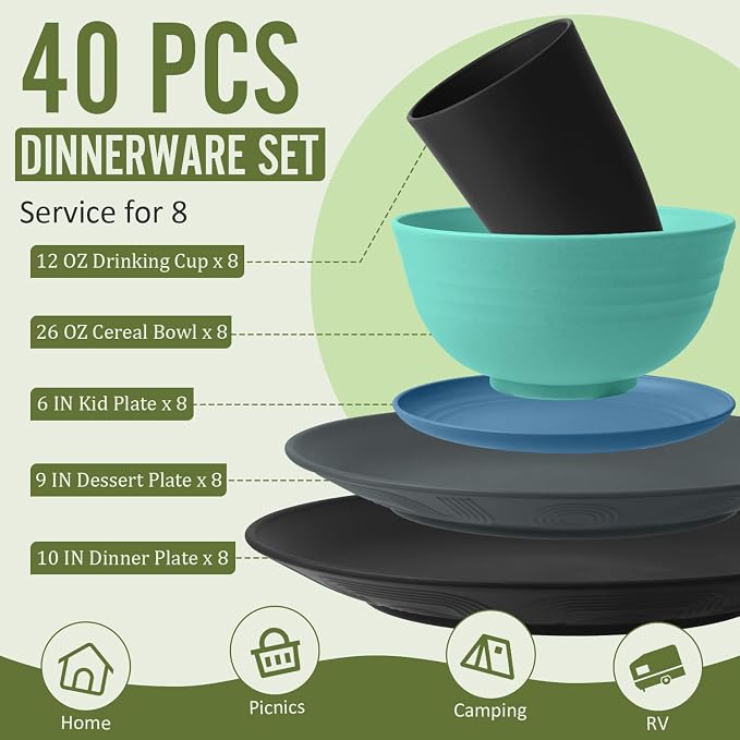 40 PCS Wheat Straw Plates and Bowls Sets, Dishware Set - Image 2