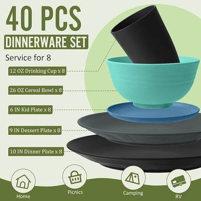 40 PCS Wheat Straw Plates and Bowls Sets, Dishware Set - Image 2