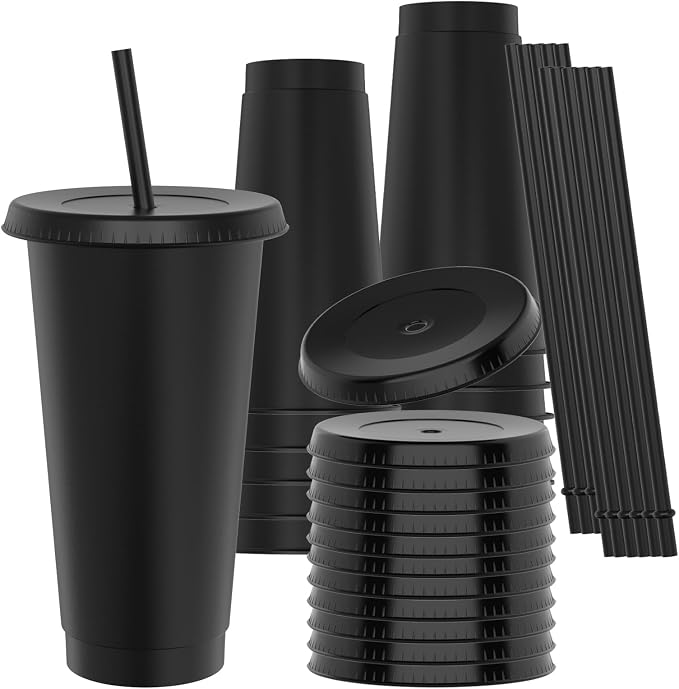 24 oz Plastic Cups With Lids and Straws, Sturdy & Food-Safe Iced Coffee Cups by Unknown