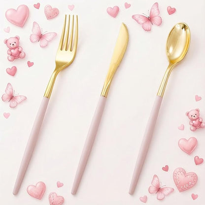I00000 60 Pack Pink Plastic Silverware,Gold Disposable Flatware with Pink Handle, Gold Plastic Cutlery Set Includes: 20 Forks, 20 Knives and 20 Spoons, Tableware Set for Party and Wedding