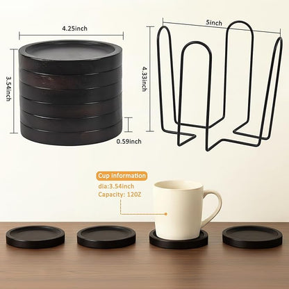 Wooden Coasters for Drinks Set of 6 with Holder, Handicrafted Solid Wood Coasters, Minimalist Tabletop Protection for Coffee Table, Rustic Home Decor & Housewarming Gift