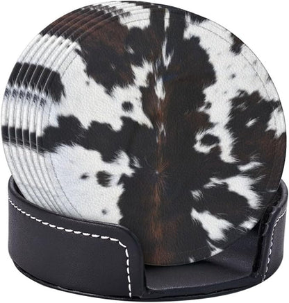 Cow Print Coasters for Drinks with Holder Round Leather Coasters Set of 6 Cups Mugs Mat Pad for Home Kitchen Bar
