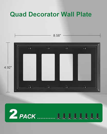2-Pack Quad Decorator Wall Switch Cover, Black Decorative Switch Plates and Outlet Covers, Natural Bamboo Fiber 4 Gang Wall Plate for Electrical Outlets, Receptacle, GFCI Outlet, Dimmer Switch