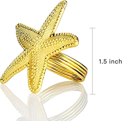 Decozen Set of 8 Gold Napkin Rings in Star Fish Design, Festive, Table Decor Setting for Holiday, Wedding, Birthday, Kitchen, Home Decor, Housewarming Gift - Mothers Day Decorations