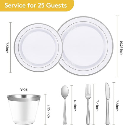 Goodluck 150 Pieces Silver Disposable Plates for 25 Guests, Plastic Party, Wedding, Dinnerware Set of Dinner Plates, Salad Spoons, Forks, Knives, Cups