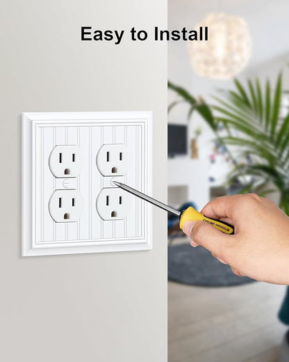 2-Pack Classic Beadboard Double Duplex Outlet Cover, Pure White Decorative Switch Plates and Outlet Covers for Electrical Outlets, Durable Natural Bamboo Fiber Wall Plates, 2 Gang Receptacle Cover