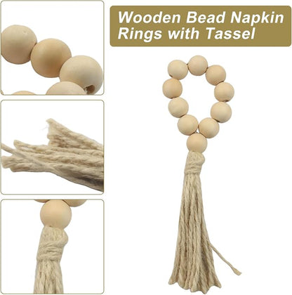 Wood Bead Napkin Rings with Tassel, Boho Party Decor, Jute Farmhouse Decor - Image 3