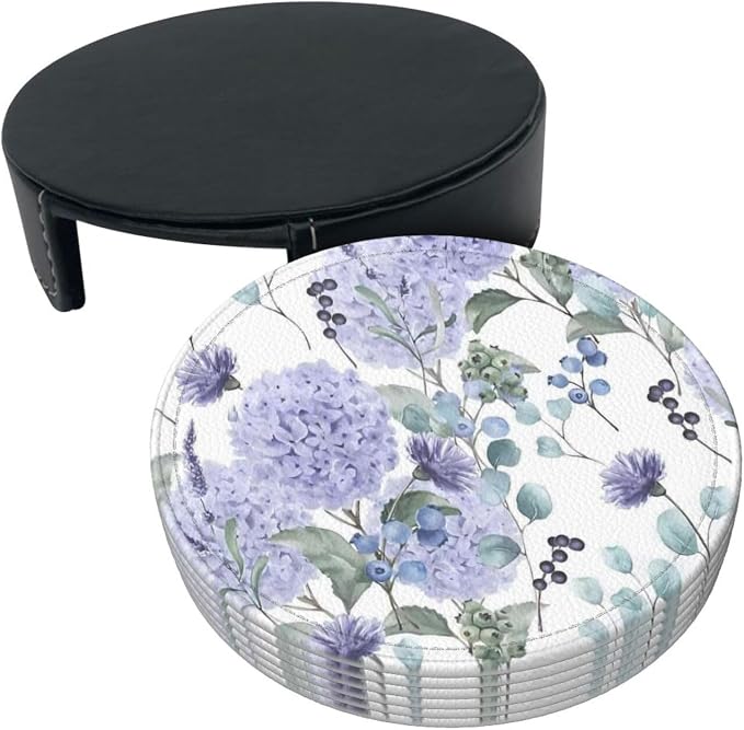 6 Pcs Blue Purple Hydrangea Flower Leather Coasters - Image 4