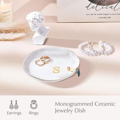 ProCase Ceramic Jewelry Tray, Initial Ring Dish Trinket Plate Engagement Gift, Small Personalized Monogram Ring Bowl for Wedding, White Decorative Jewelry Holder for Women Vanity -Letter S