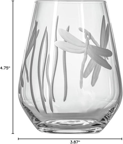 Rolf Glass Dragonfly Stemless Wine Glass 18oz - Tumbler Wine Glasses Set of 2 – Made in the USA - Etched Stemless Wine Glasses -(Set of 2)