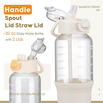 SIEROZUR 32 oz Glass Tumbler with Straw, Glass Water Bottles with 2 Lids-Handle Spout Lid & Straw Lid, 1 Liter Motivational Water Bottles, Silicone Sleeve, Fits Car Cup Holder,White